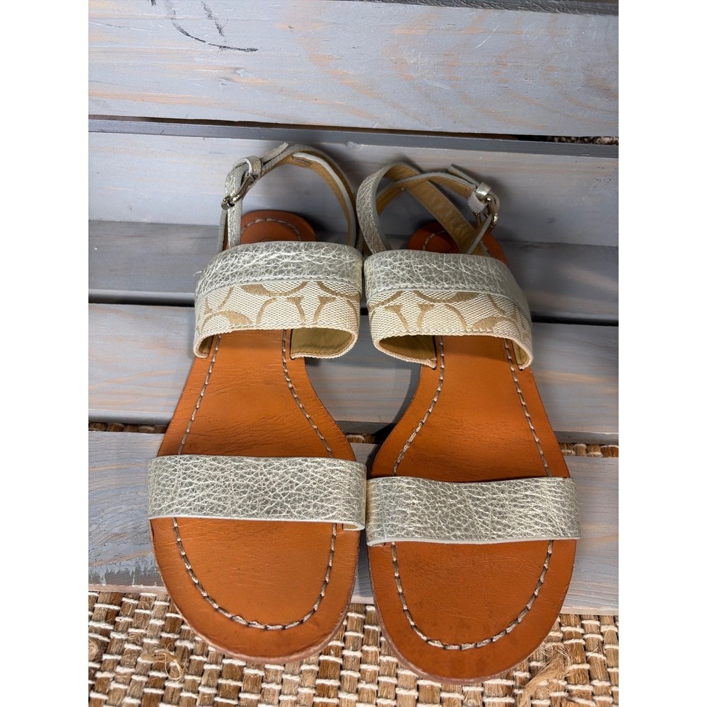 Coach Bria Metallic Gold Leather Signature Canvas Ankle Strap Sandals 6.5B